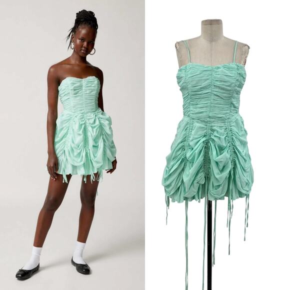 Urban Outfitters Kimchi Blue Belladonna Dress Ruched Mini Turquoise Size Medium - Picture 1 of 14